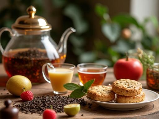 Angolo tisaneria accogliente con una selezione di infusi aromatici, frutta fresca e biscotti integrali, perfetti dopo un trattamento.